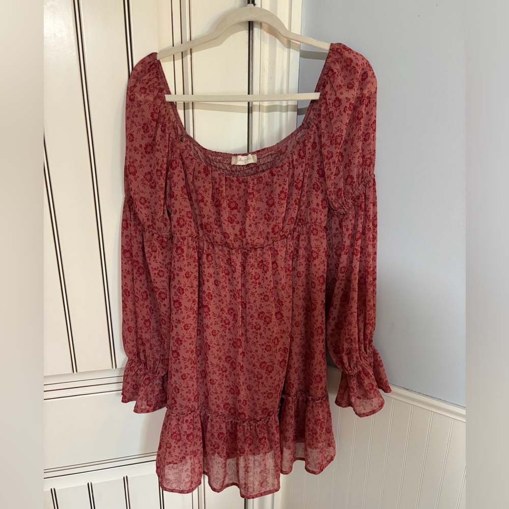 Altar’d State Reddish Pink Floral Bubble Sleeve Long Sleeve Dress